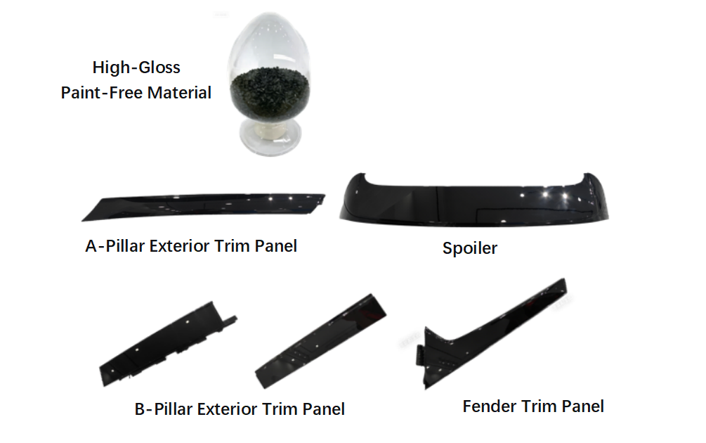 High-gloss paint-free material applications and related trim components.
