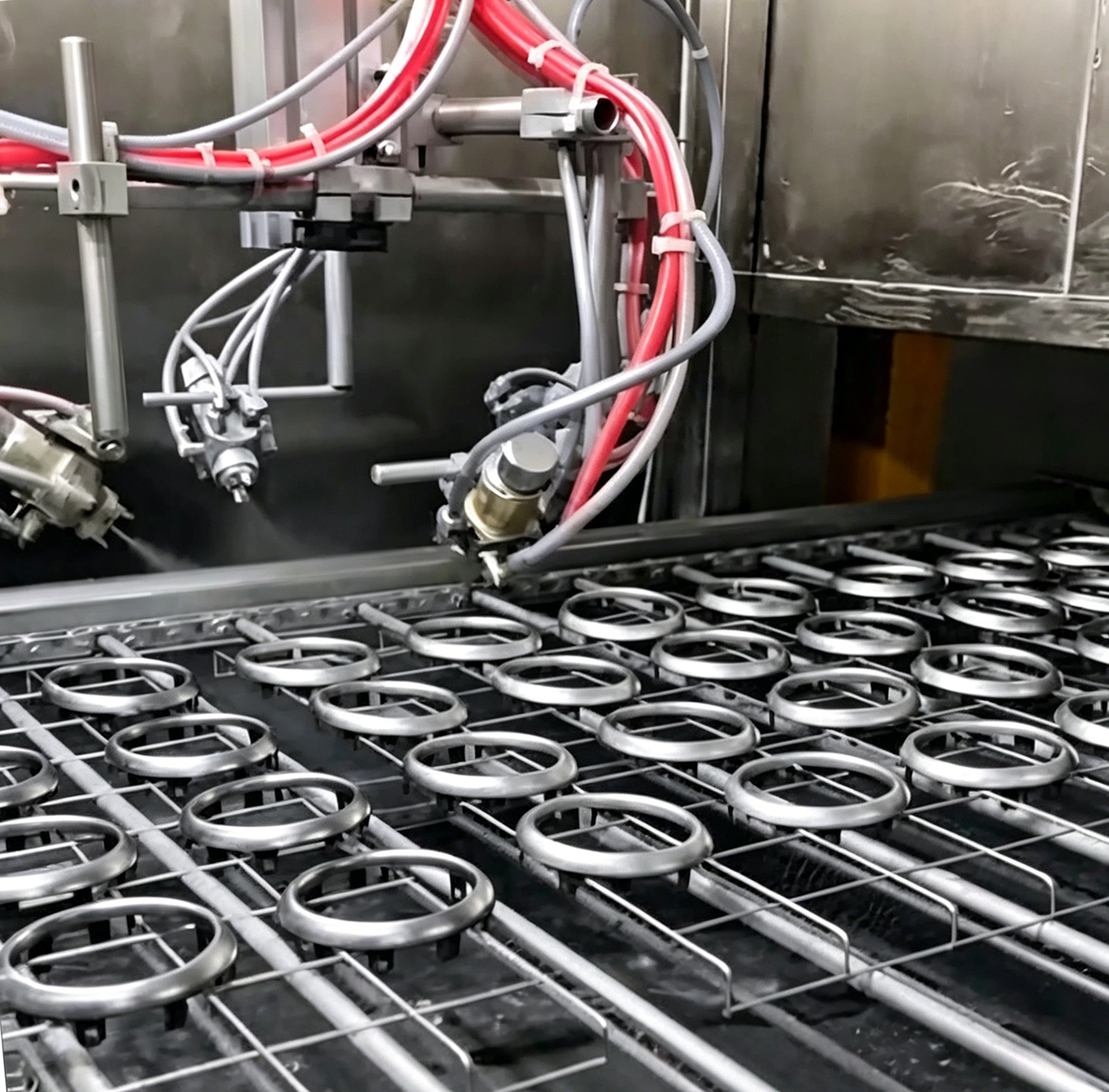 Spraying equipment processing circular components at Ningbo Jianlin.
