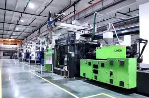 Injection molding machine workshop view.
