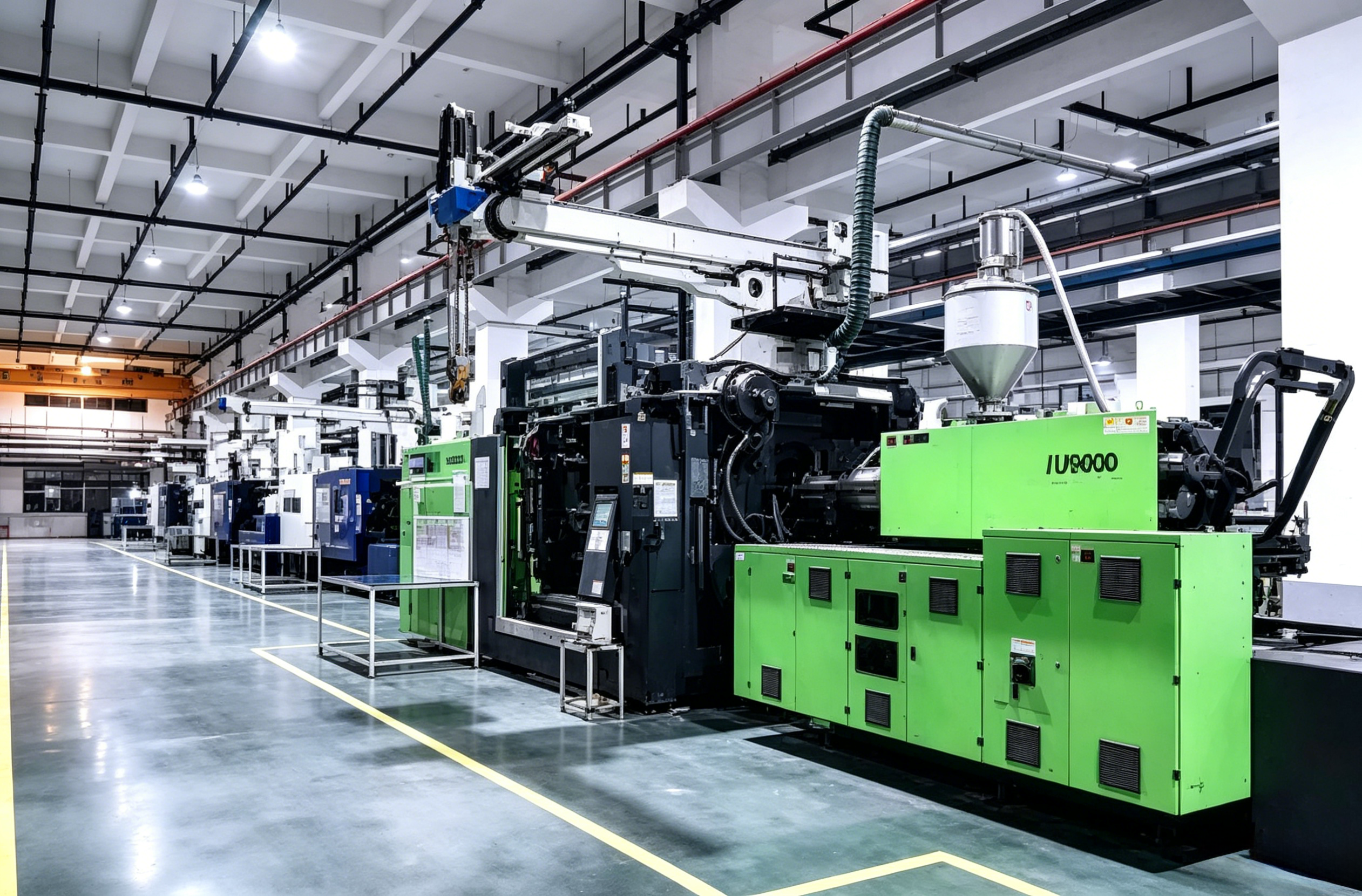 Injection molding machine workshop view.
